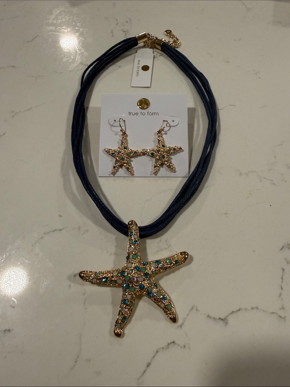 True to Form Gold & Teal Starfish Necklace Set - Navy Cord